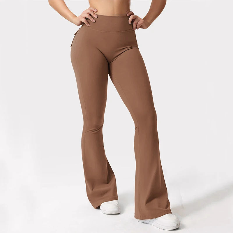 Women's Yoga Flare Trousers, High-Waisted Tummy-Control Wide-Leg  Outdoor Casual Leggings with Pockets, Gym Workout