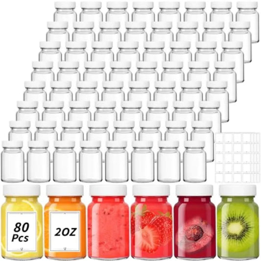 80 Pack 2 oz Glass Shot Bottles with Lids Small Clear Glass Jar for Ginger Shot Mini Juice Bottle Reusable Wide Mouth Travel Cu