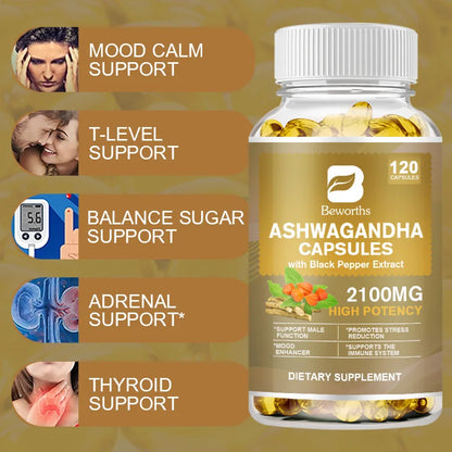 BEWORTHS Ashwagandha Root Extract Capsule  Improve Sleep Quality Calm Down Emotions Relieve Anxiety Mood Health