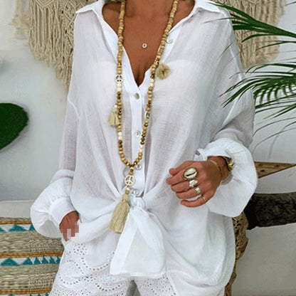 Women'S Solid Color Cotton Linen Button Up Long Sleeve Loose Casual Shirt Blouse Top Cardigan Outfits