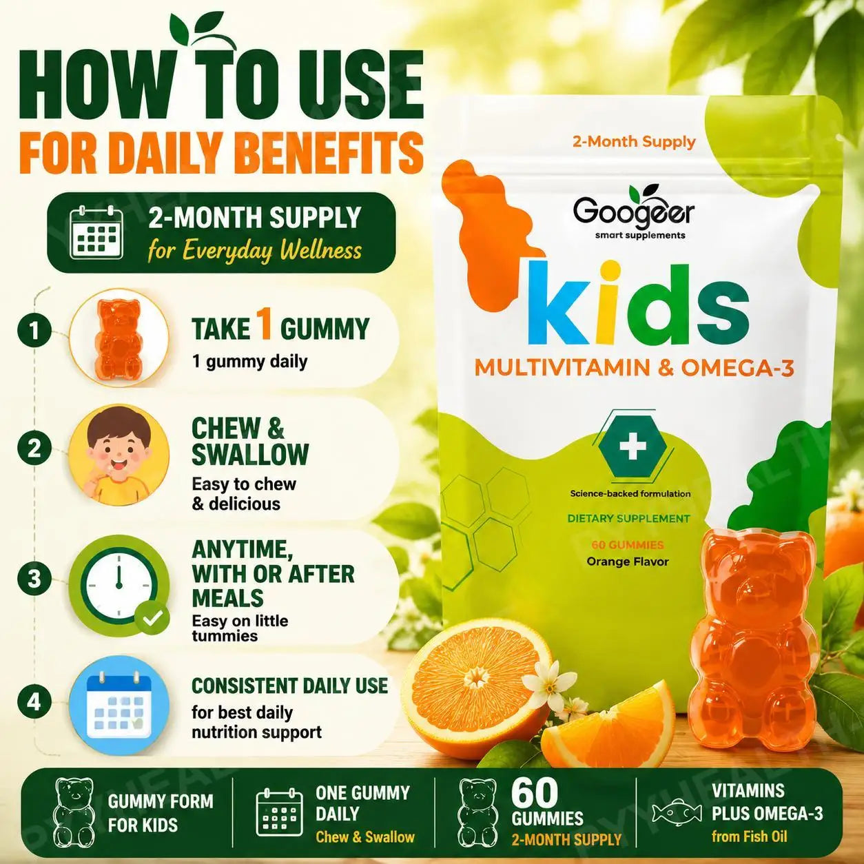 Googeer Kids Multivitamin & Omega-3 Gummies, Vitamin C D3 B6 B12 Zinc Fish Oil, Orange Flavor, 60 Count, Daily Nutrition Support