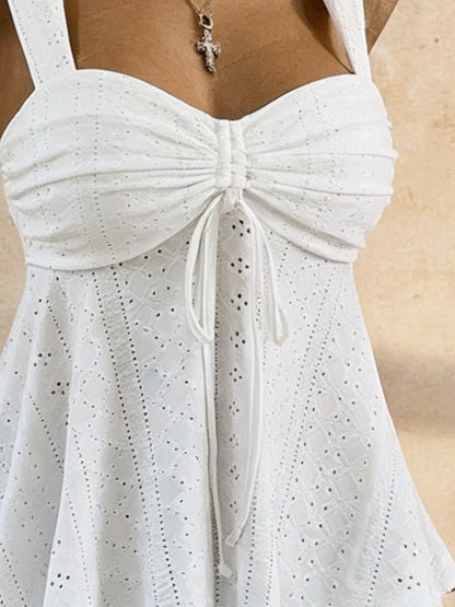 Women White Eyelet Lace Cami Top Casual Ruched Tie Front Peplum Camisole Top