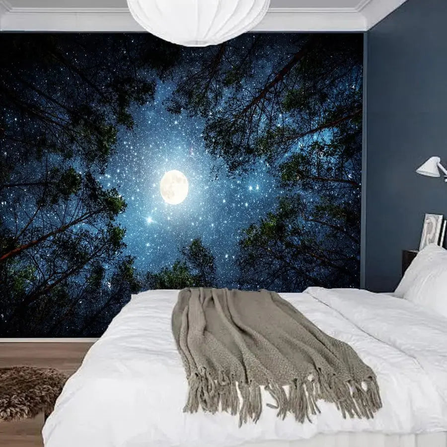 Large Galaxy Forest Tapestry for Bedroom Ceiling, Big Space Night Starry Sky Blue Tapestry Aesthetic.