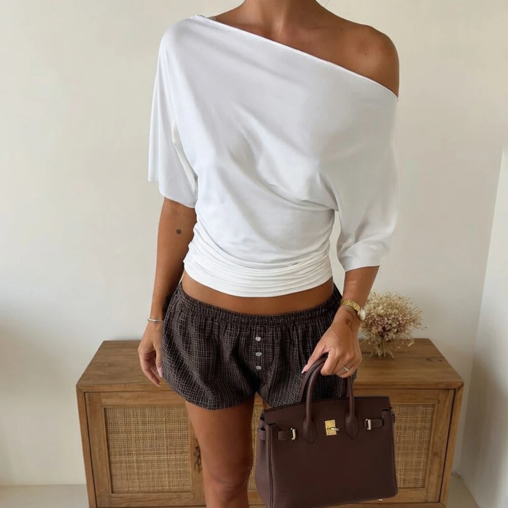 Talenza Summer One Shoulder Tops Fashion Slim Shrink Short Sleeve T-Shirts .