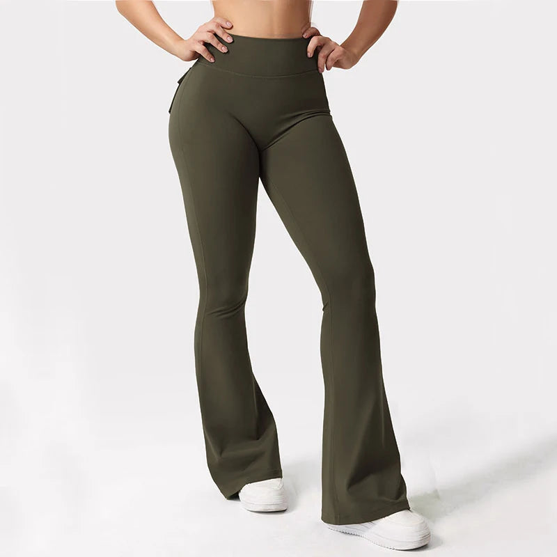 Women's Yoga Flare Trousers, High-Waisted Tummy-Control Wide-Leg  Outdoor Casual Leggings with Pockets, Gym Workout