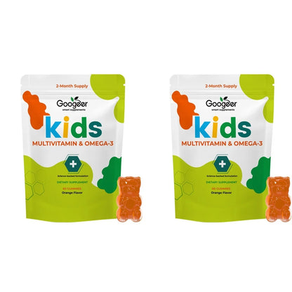 Googeer Kids Multivitamin & Omega-3 Gummies, Vitamin C D3 B6 B12 Zinc Fish Oil, Orange Flavor, 60 Count, Daily Nutrition Support