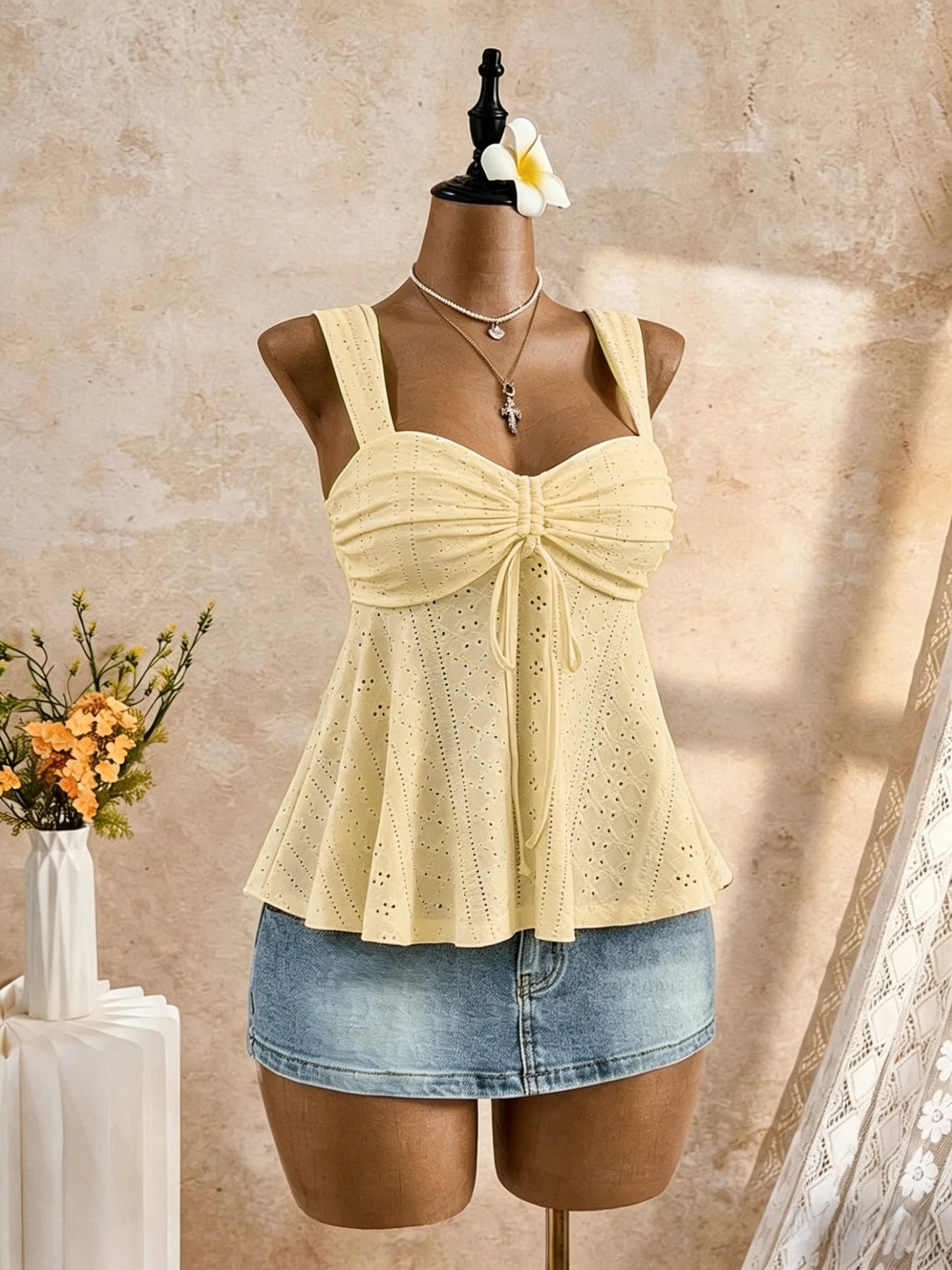 Women White Eyelet Lace Cami Top Casual Ruched Tie Front Peplum Camisole Top