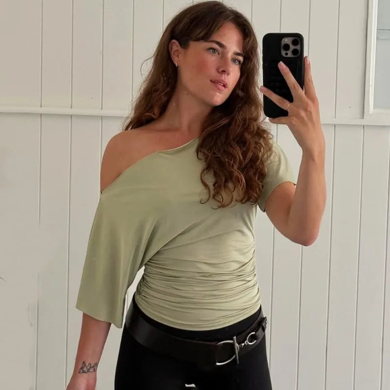 Talenza Summer One Shoulder Tops Fashion Slim Shrink Short Sleeve T-Shirts .