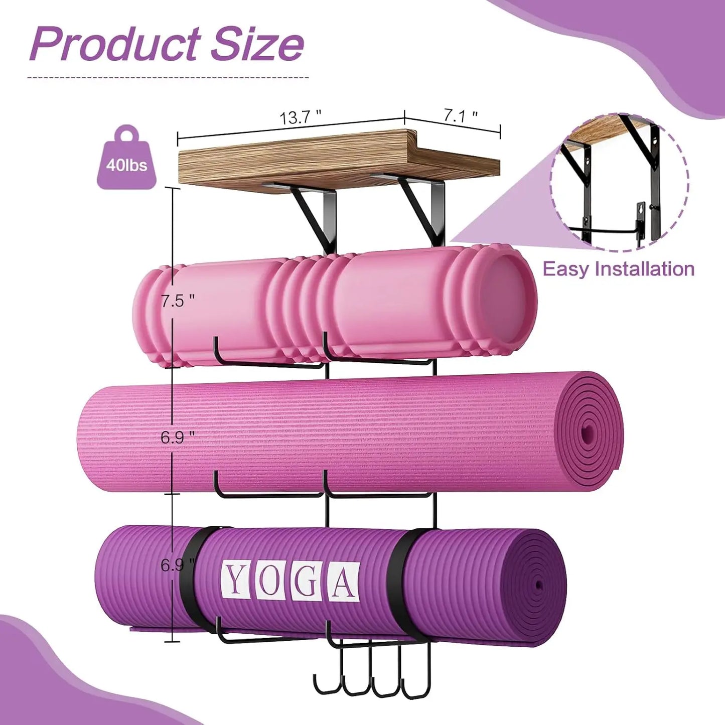 Wall Mount Yoga Mat Holder with Wood Shelves and 4 Hooks for Home Gym Storage in Carbonized Black