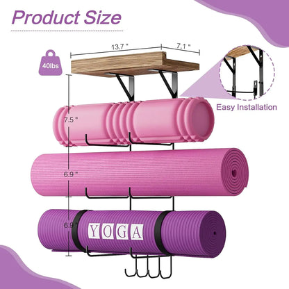 Wall Mount Yoga Mat Holder with Wood Shelves and 4 Hooks for Home Gym Storage in Carbonized Black