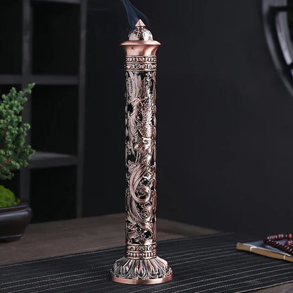 Retro Vertical Incense Burner Buddha Heart Sutra Dragon Phoenix Pillar Metal Incense Stick Home Office