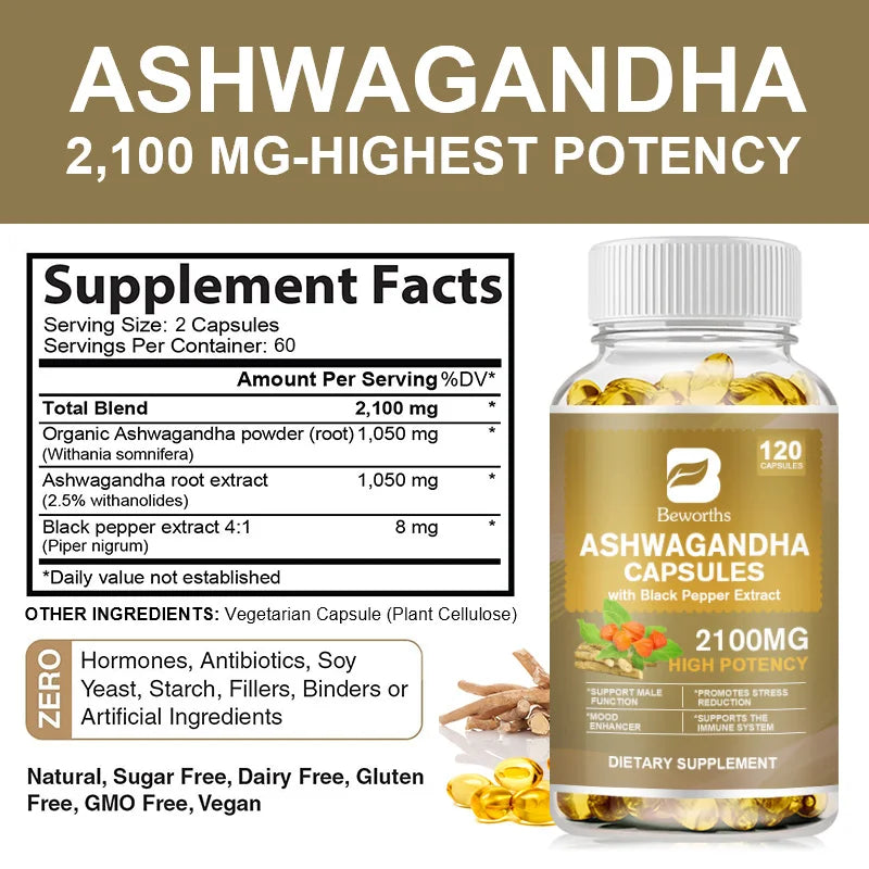 BEWORTHS Ashwagandha Root Extract Capsule  Improve Sleep Quality Calm Down Emotions Relieve Anxiety Mood Health
