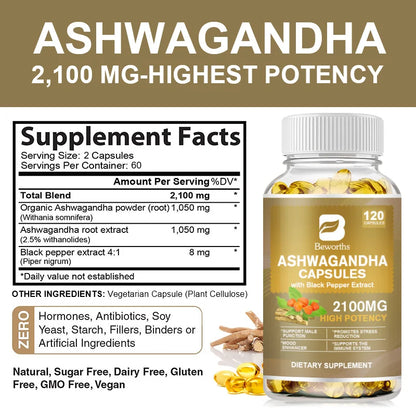 BEWORTHS Ashwagandha Root Extract Capsule  Improve Sleep Quality Calm Down Emotions Relieve Anxiety Mood Health
