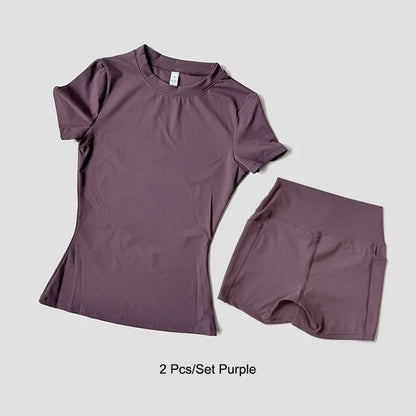 Women's Sports Yoga Set Seamless Knitted Fitness Gym Clothes Sportswear Short Sleeve Crop Top Tracksuits Gym Short Leggings
