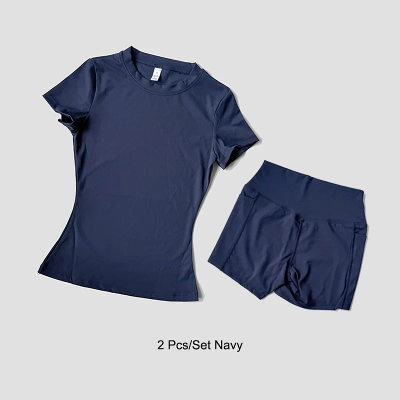 Women's Sports Yoga Set Seamless Knitted Fitness Gym Clothes Sportswear Short Sleeve Crop Top Tracksuits Gym Short Leggings