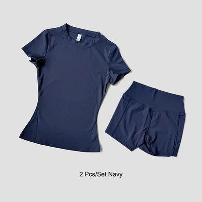 Women's Sports Yoga Set Seamless Knitted Fitness Gym Clothes Sportswear Short Sleeve Crop Top Tracksuits Gym Short Leggings