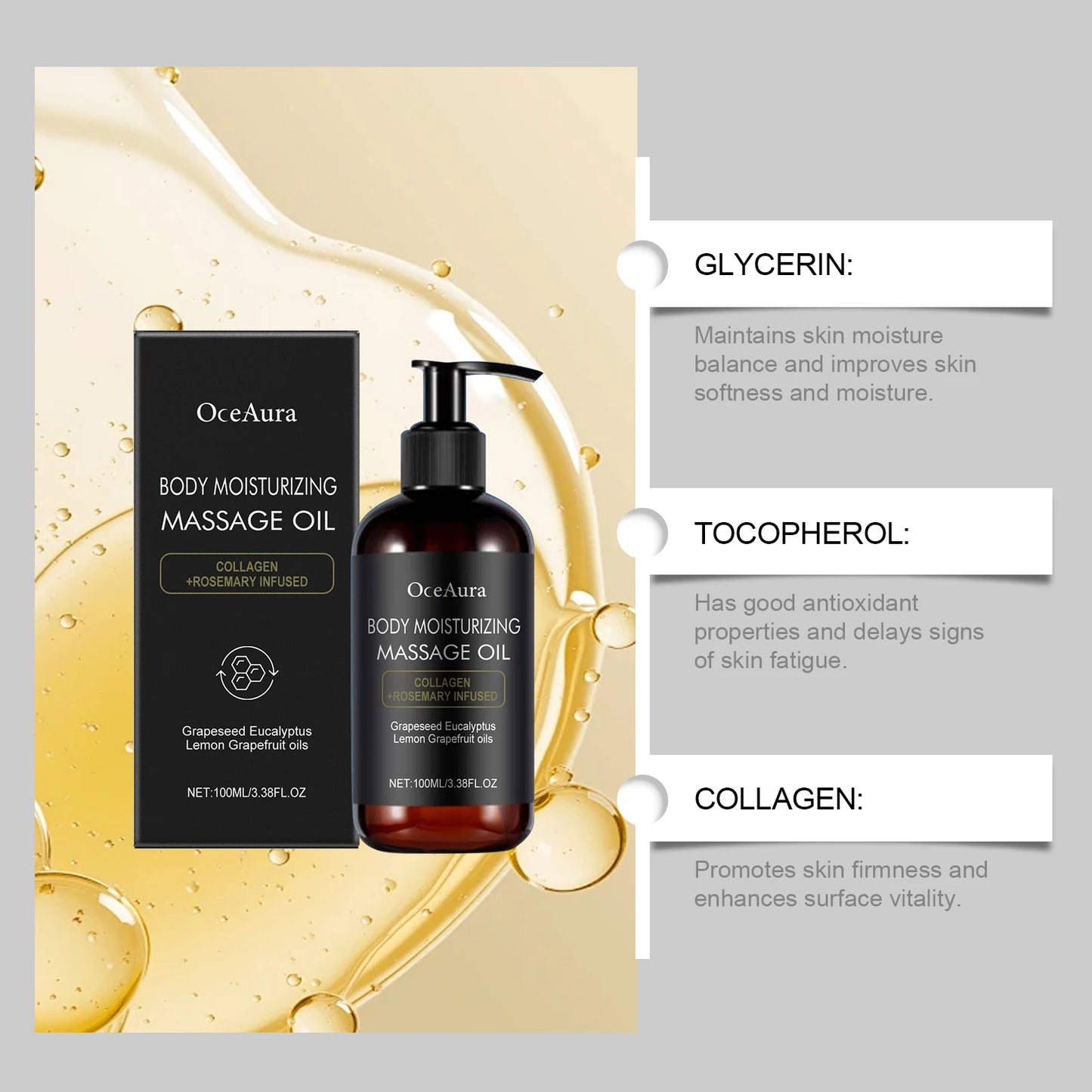 100ml Collagen Lifting Body Oil Rosemary Fragrance Non-Greasy Firming Massage Oil for Glowing Skin Arms Legs Back Buttocks