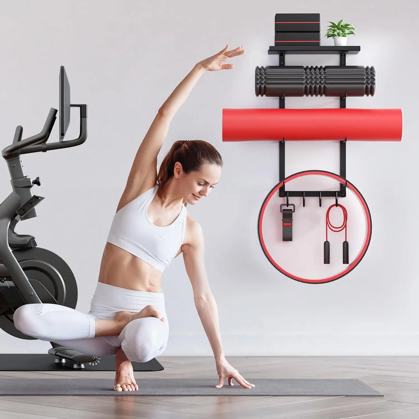 Wall Mount Yoga Mat Holder with Floating Shelf and Hooks for Gym Equipment Storage