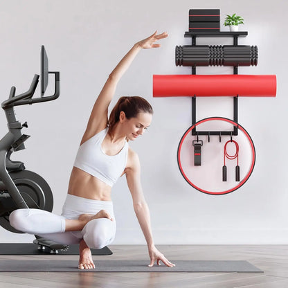 Wall Mount Yoga Mat Holder with Floating Shelf and Hooks for Gym Equipment Storage