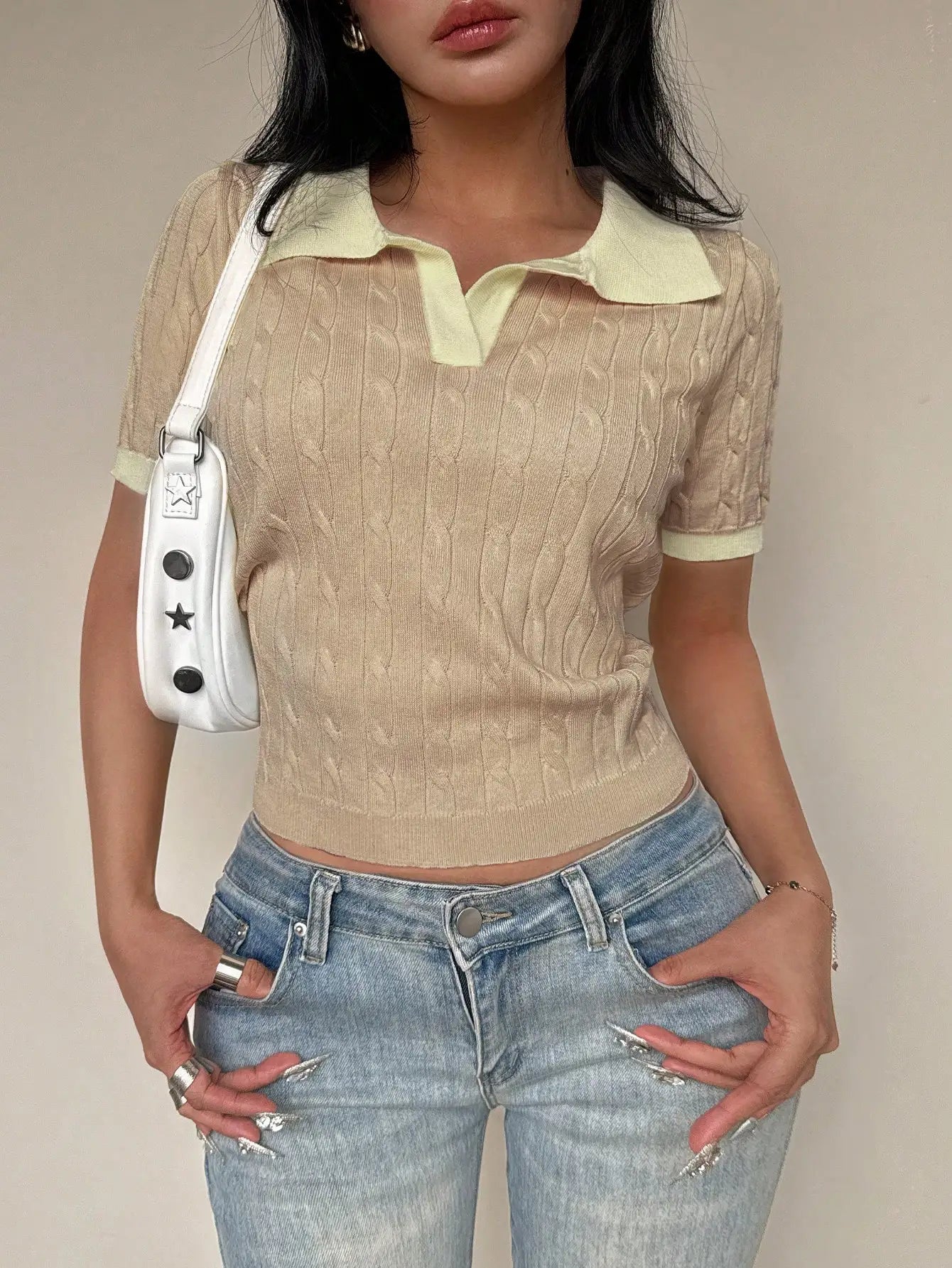 Women's Casual Short Sleeve Polo Collar Cable Knit Top Solid Green Summer
