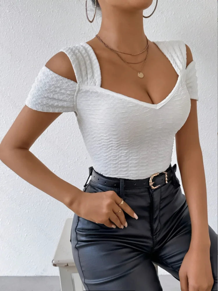 Sexy Off-Shoulder Women's Slim Tops Fashionable Solid Color T-Shirts Spring Summer.
