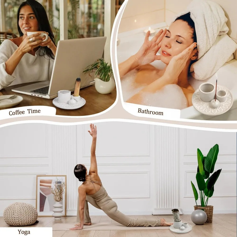 4 in 1 Incense Burner Holder,Sage Holder for Burning,Palo Santo Holder,Candle Holder,Ceramic Incense Burner Ash Catcher Tray for