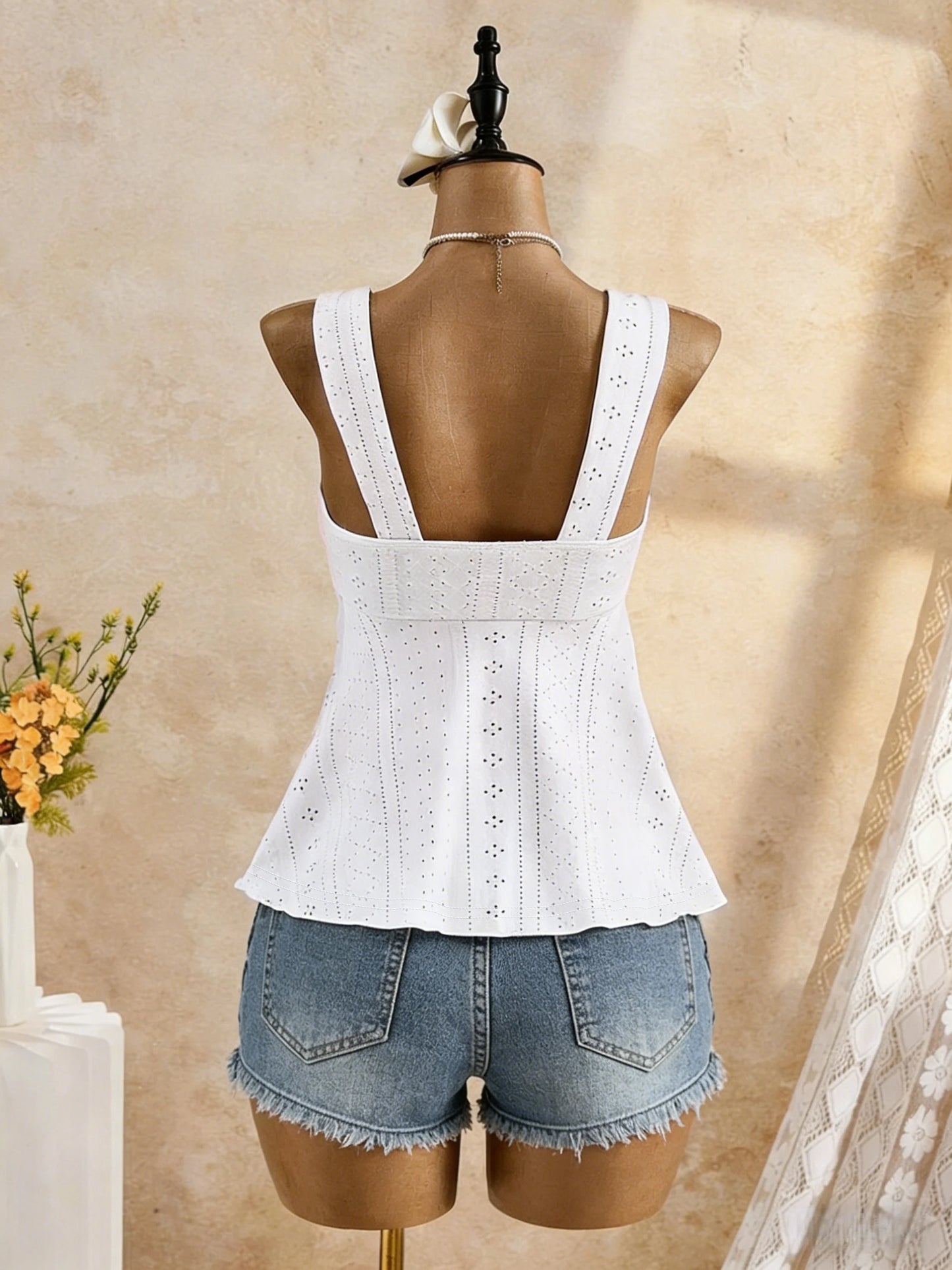 Women White Eyelet Lace Cami Top Casual Ruched Tie Front Peplum Camisole Top