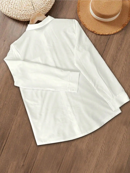 Women's Cotton-Linen Shirt — Casual, Everyday, Solid Color Basic Style — Long Sleeve, Collared, Button-Down Top (White) — Spring