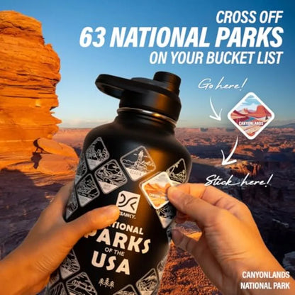 National Parks Water Bottle Insulated Stainless Steel Bottle with 63 Hand-Drawn Park Stickers Carrier Bag Strap and Gift Box BP