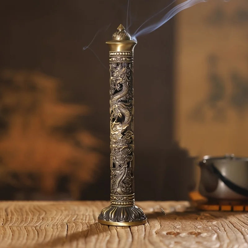 Retro Vertical Incense Burner Buddha Heart Sutra Dragon Phoenix Pillar Metal Incense Stick Home Office