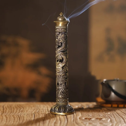Retro Vertical Incense Burner Buddha Heart Sutra Dragon Phoenix Pillar Metal Incense Stick Home Office