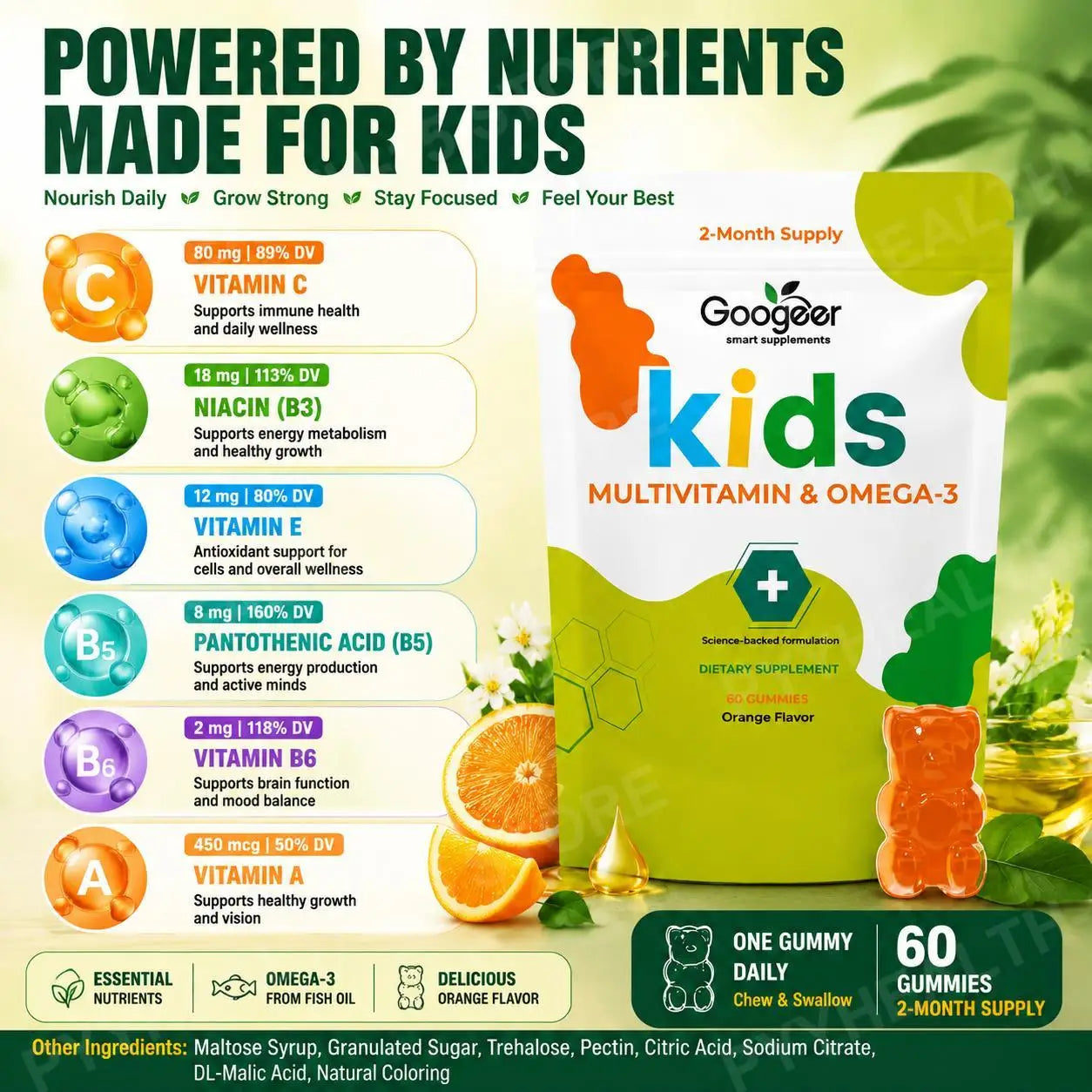 Googeer Kids Multivitamin & Omega-3 Gummies, Vitamin C D3 B6 B12 Zinc Fish Oil, Orange Flavor, 60 Count, Daily Nutrition Support
