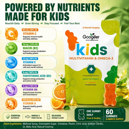 Googeer Kids Multivitamin & Omega-3 Gummies, Vitamin C D3 B6 B12 Zinc Fish Oil, Orange Flavor, 60 Count, Daily Nutrition Support