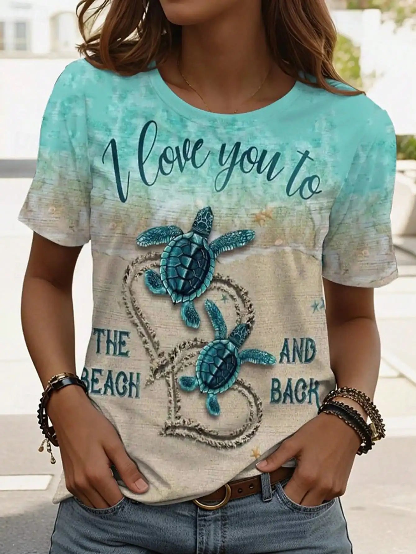 Women's Round Neck Short Sleeve Sea Turtle Print Casual Tee Spring Summer