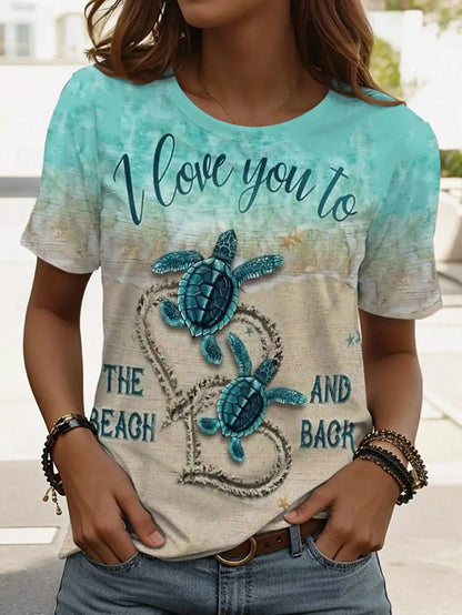 Women's Round Neck Short Sleeve Sea Turtle Print Casual Tee Spring Summer