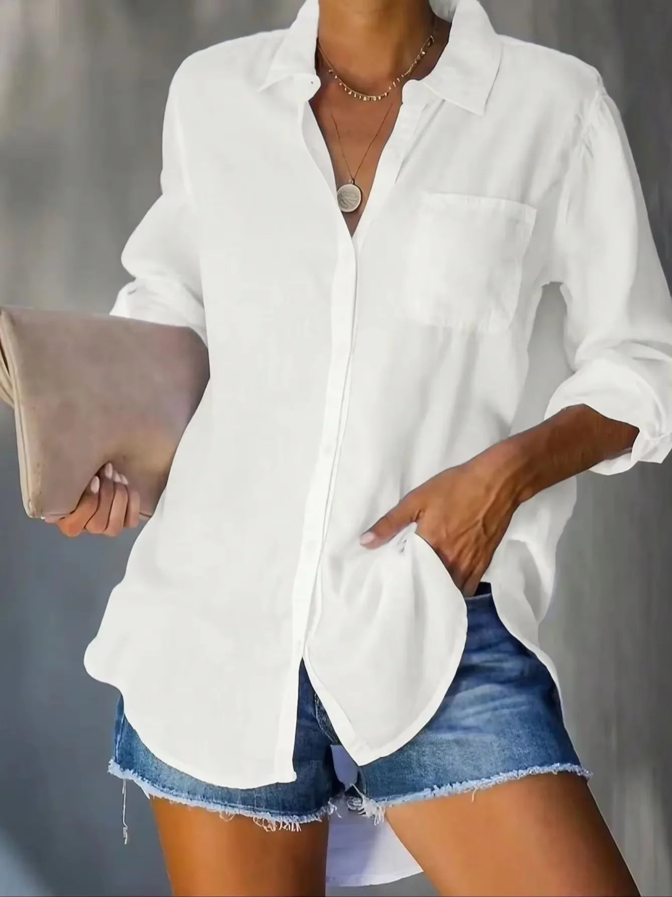 Women's Cotton-Linen Shirt — Casual, Everyday, Solid Color Basic Style — Long Sleeve, Collared, Button-Down Top (White) — Spring