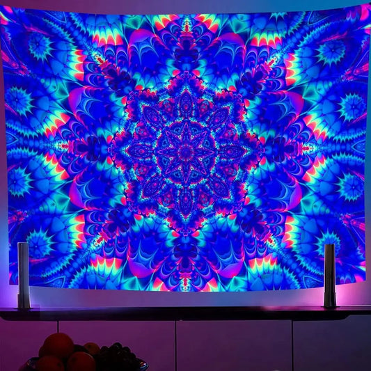 Glow-in-the-Dark Mandala Tapestry, 79x59 inches, Psychedelic Bohemian Decor, UV-Reactive, Colorful Wall Hanging for Bedrooms