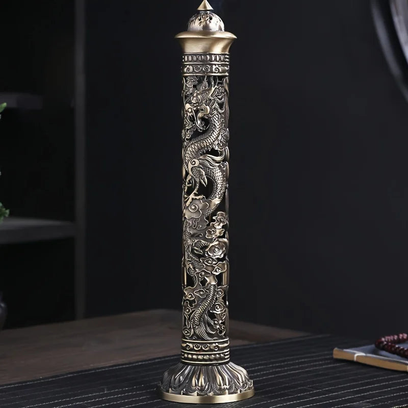 Retro Vertical Incense Burner Buddha Heart Sutra Dragon Phoenix Pillar Metal Incense Stick Home Office