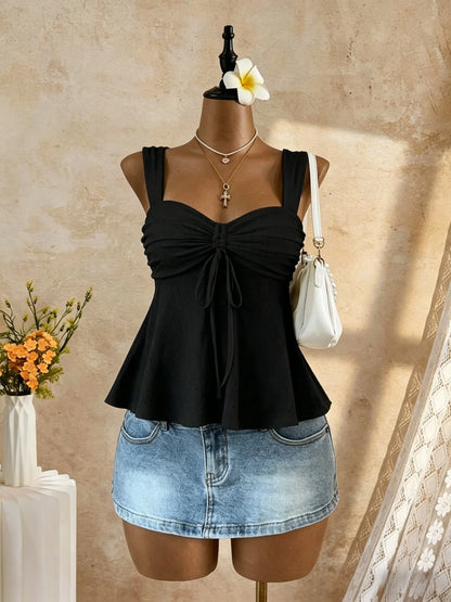 Women White Eyelet Lace Cami Top Casual Ruched Tie Front Peplum Camisole Top
