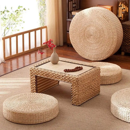 2 Pack Tatami Floor Pillow Sitting Cushion Bigger Size,Round Padded Room Floor Straw Mat for Outdoor Seat Dia 19.7