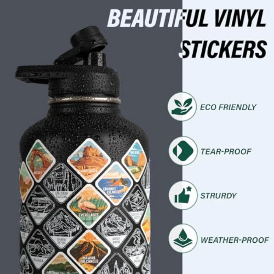 National Parks Water Bottle Insulated Stainless Steel Bottle with 63 Hand-Drawn Park Stickers Carrier Bag Strap and Gift Box BP