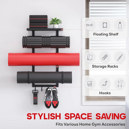 Wall Mount Yoga Mat Holder with Floating Shelf and Hooks for Gym Equipment Storage