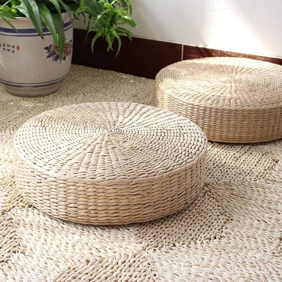 2 Pack Tatami Floor Pillow Sitting Cushion Bigger Size,Round Padded Room Floor Straw Mat for Outdoor Seat Dia 19.7