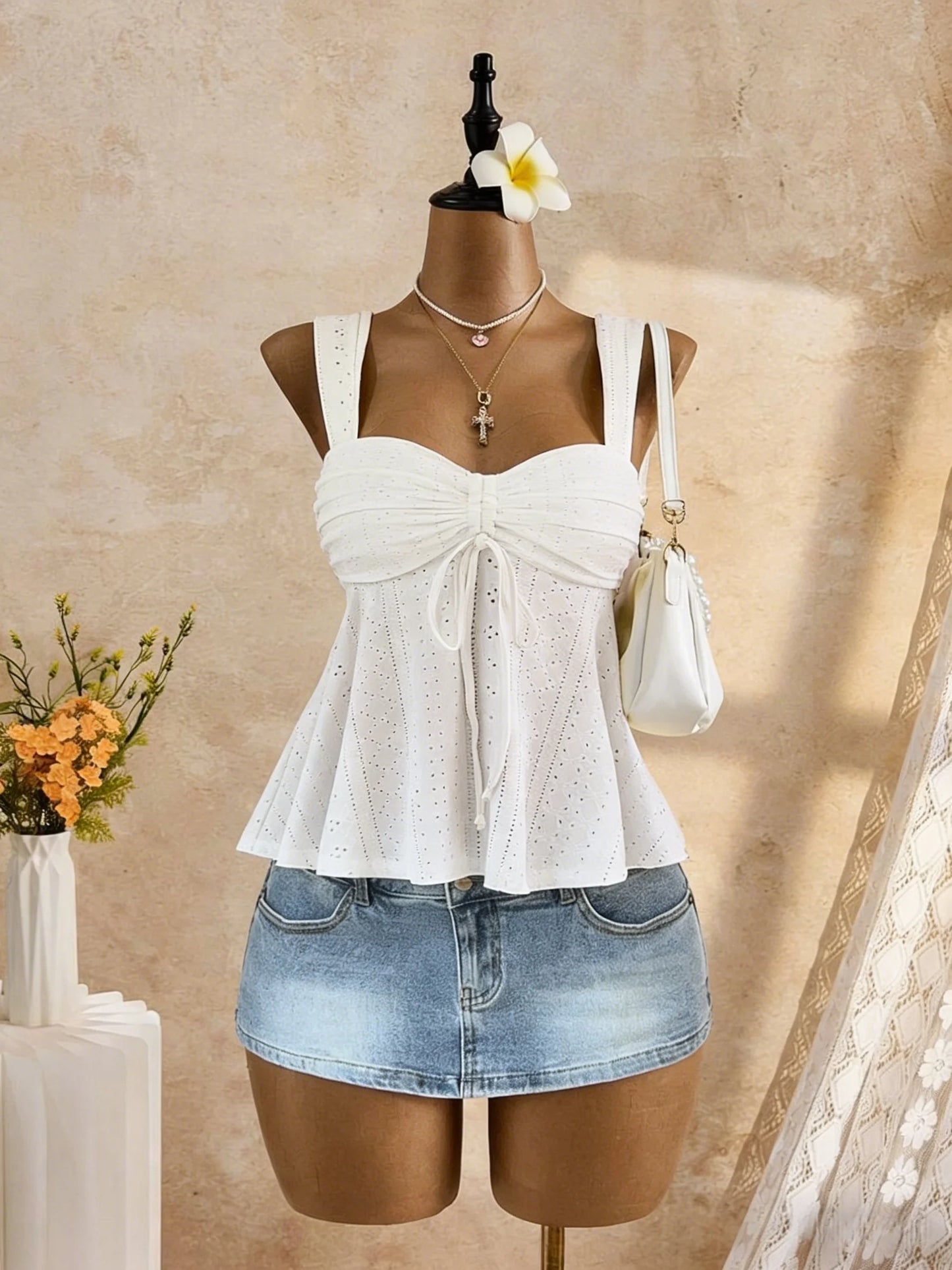 Women White Eyelet Lace Cami Top Casual Ruched Tie Front Peplum Camisole Top
