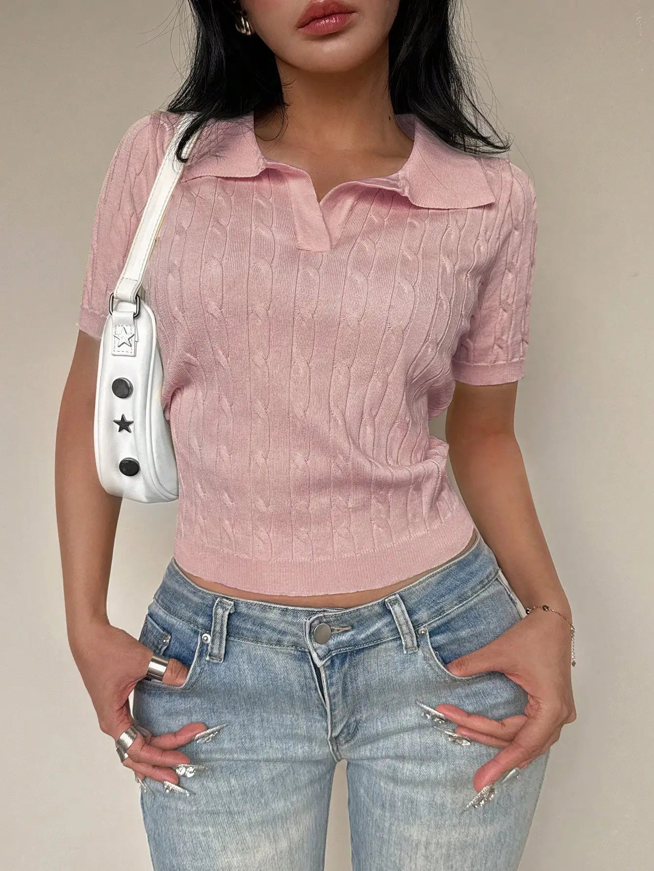 Women's Casual Short Sleeve Polo Collar Cable Knit Top Solid Green Summer