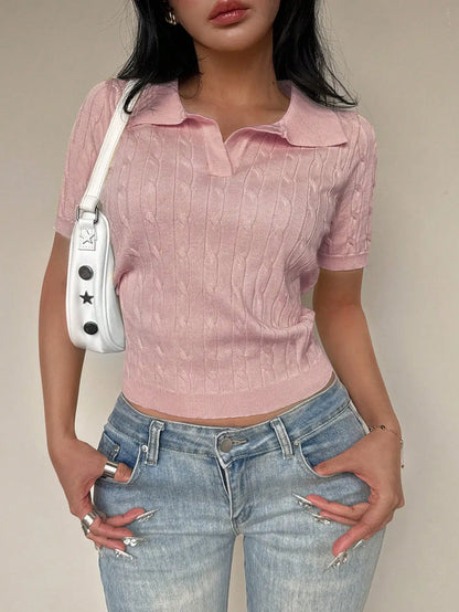 Women's Casual Short Sleeve Polo Collar Cable Knit Top Solid Green Summer