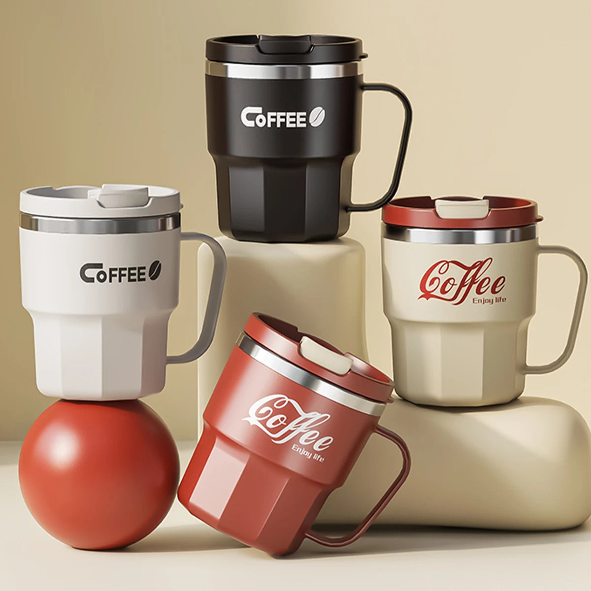 WORTHBUY 400/480ML 304 Stainless Steel Coffee Cup With Lid&Handle Double Layer Coffee Mug Drinkware Reusable Insulated Water Cup