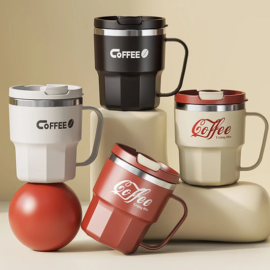 WORTHBUY 400/480ML 304 Stainless Steel Coffee Cup With Lid&Handle Double Layer Coffee Mug Drinkware Reusable Insulated Water Cup