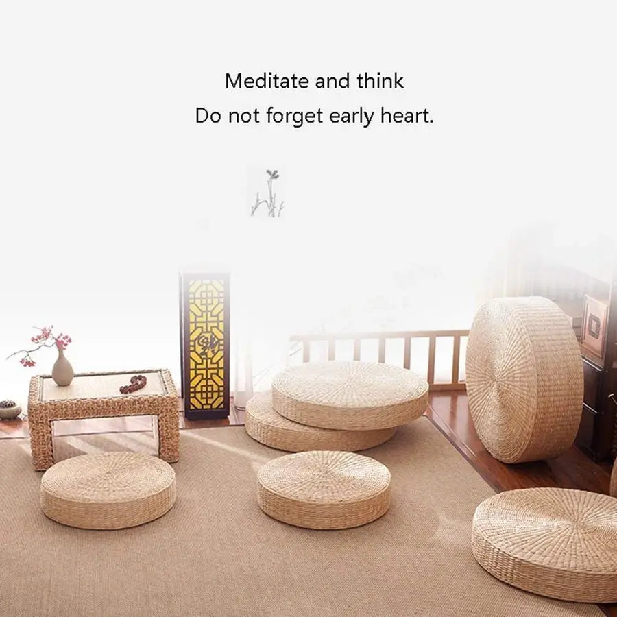 2 Pack Tatami Floor Pillow Sitting Cushion Bigger Size,Round Padded Room Floor Straw Mat for Outdoor Seat Dia 19.7