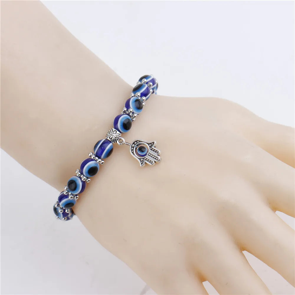 Boho Evil Eye Beaded Bracelet with Hamsa Hand Pendant - 8mm Blue Glass Beads, Stretchable Protection Bracelet for Daily Wear
